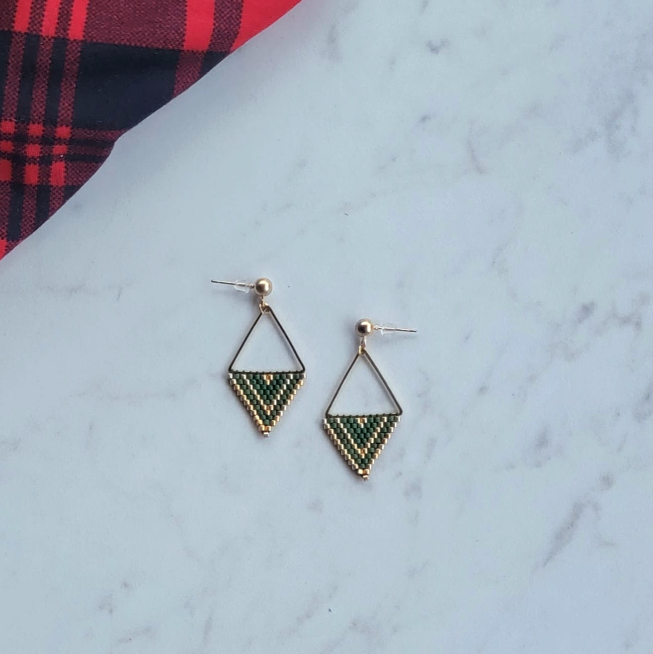 Hand-Beaded Delica Drop Earrings (gold & green)