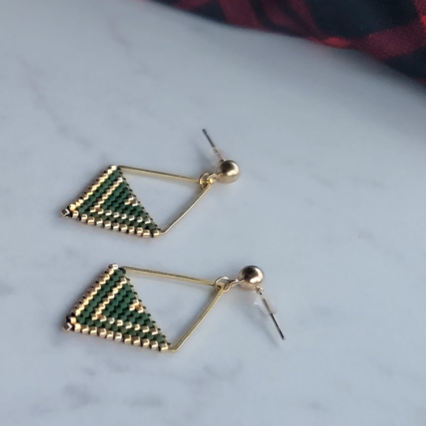 Hand-Beaded Delica Drop Earrings (gold & green)