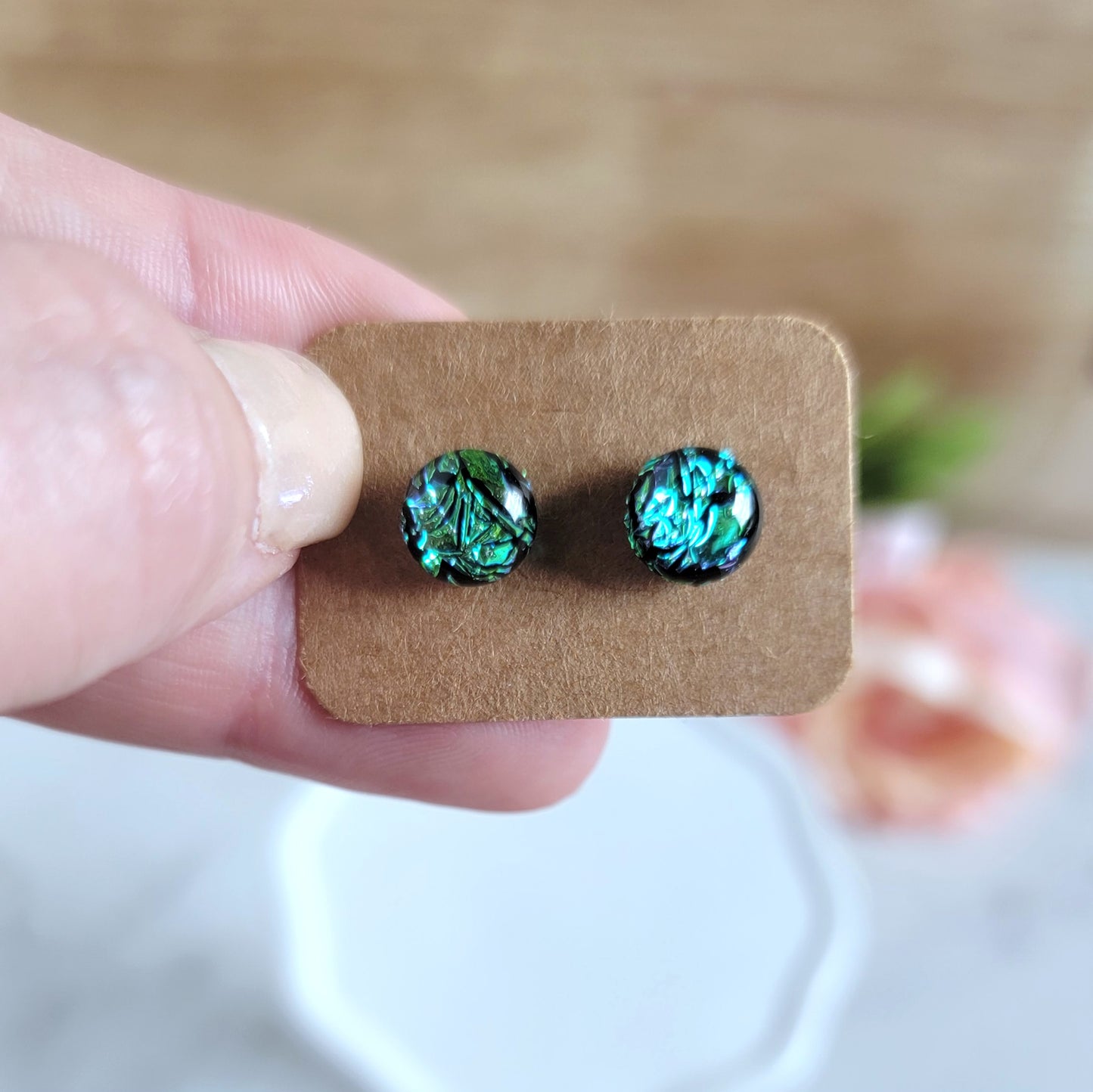 Green Crinkle Fused Glass Studs