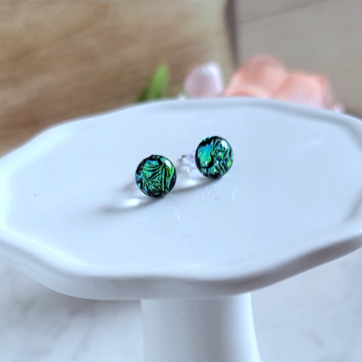 Green Crinkle Fused Glass Studs