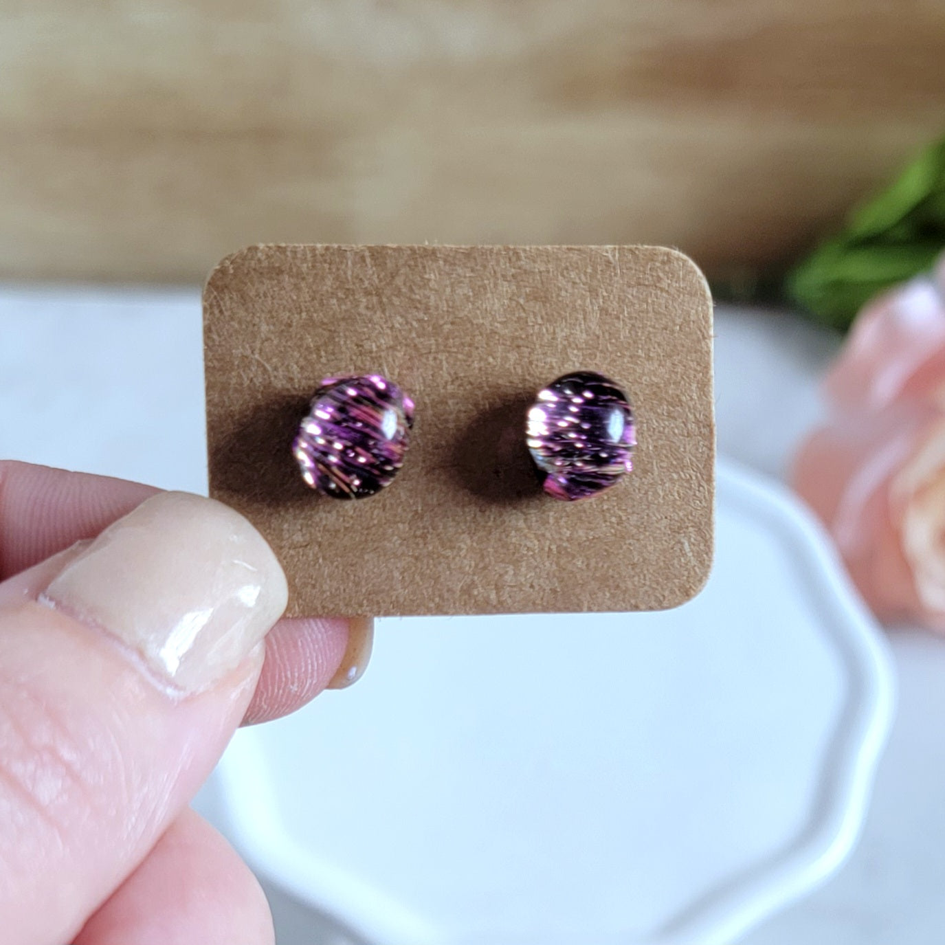 Pink Oval Crinkle Fused Glass Studs