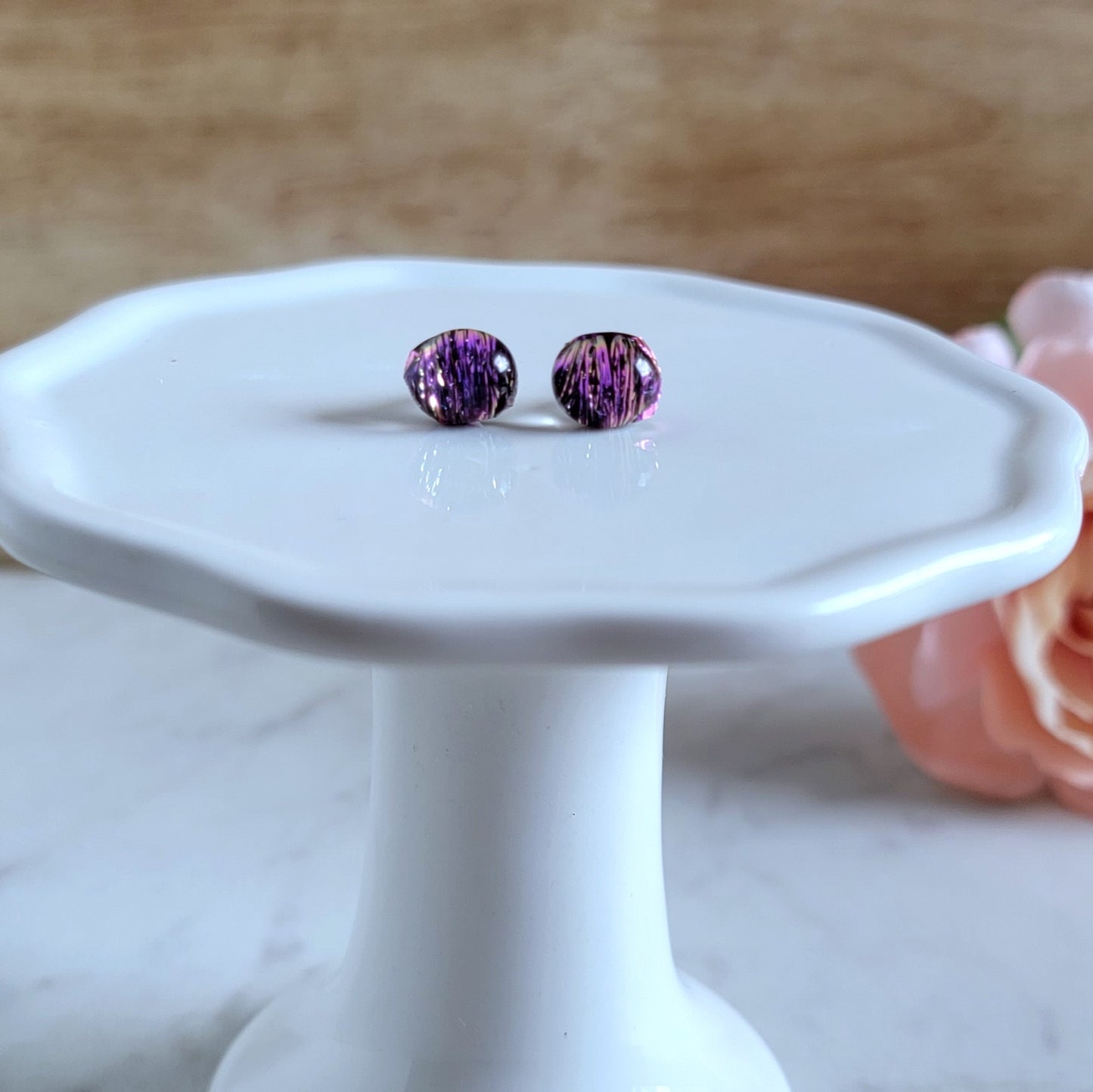 Pink Oval Crinkle Fused Glass Studs