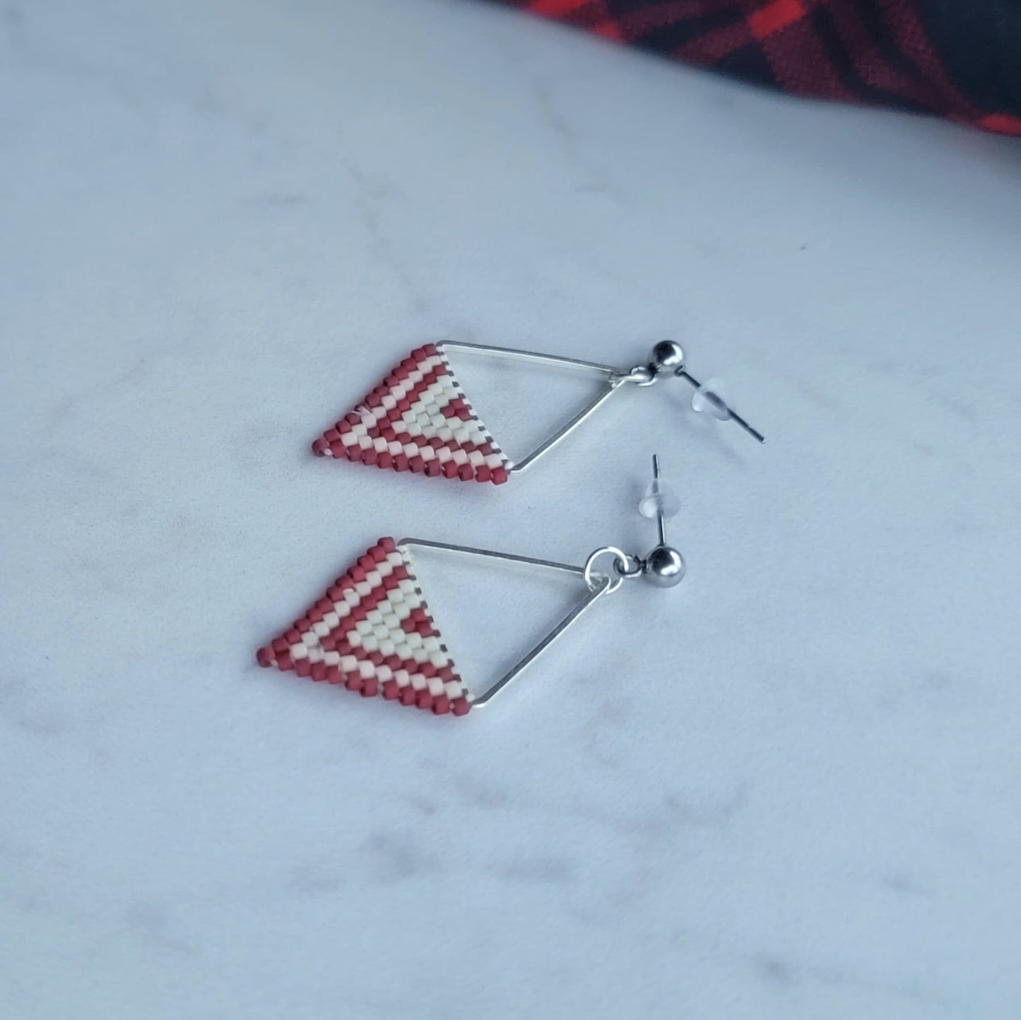 Hand-Beaded Delica Drop Earrings (cream & red)