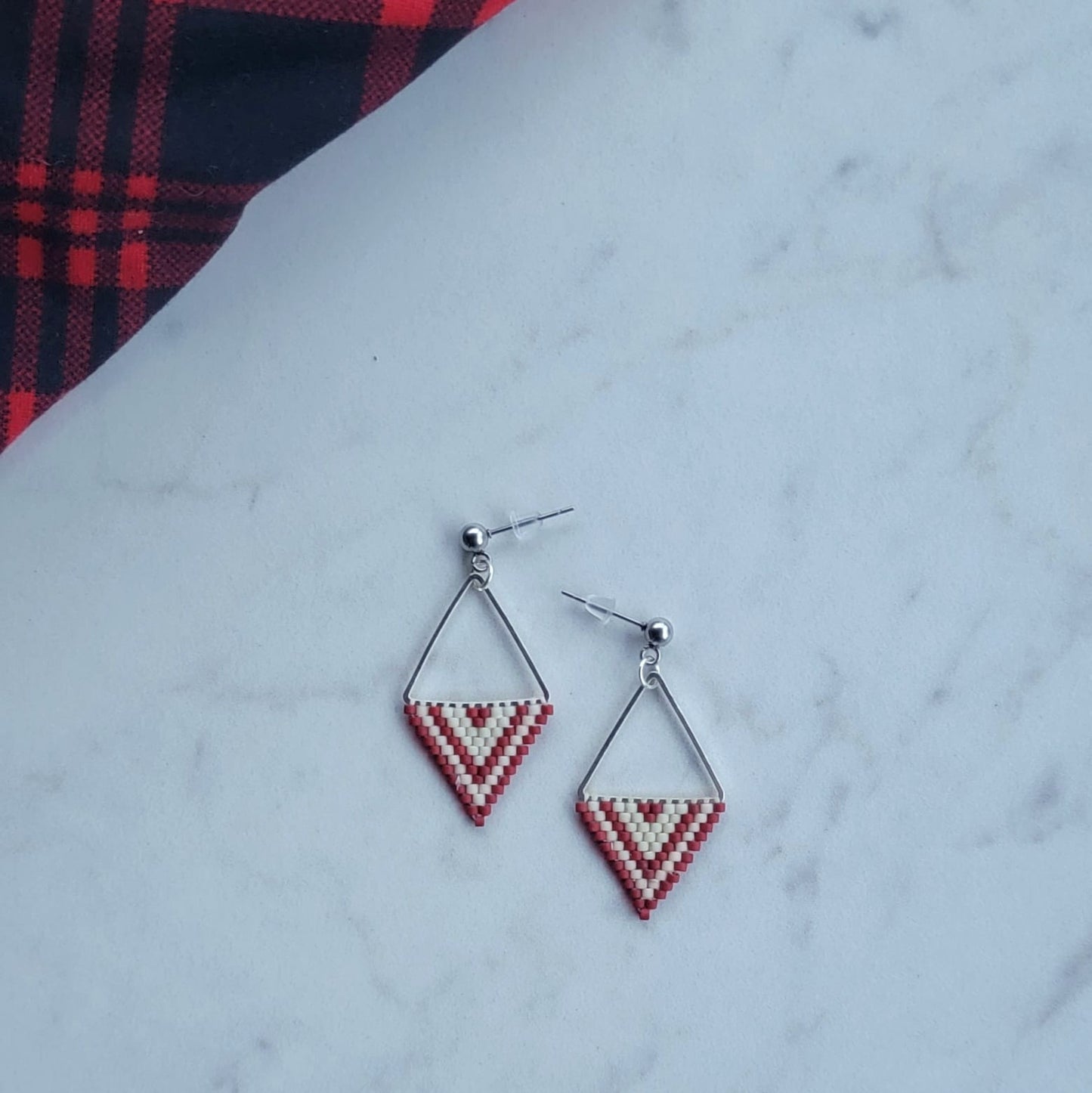 Hand-Beaded Delica Drop Earrings (cream & red)