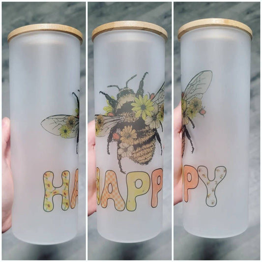 Bee Happy Frosted Glass Tumbler